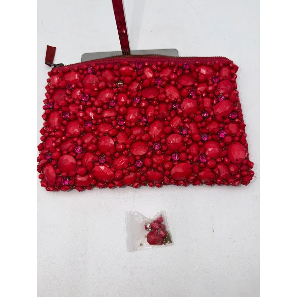 Red Beaded Rhinestone Embellished Zip Clutch Evening Bag with Spare Beads